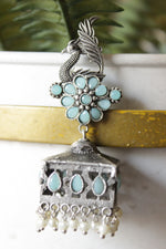 Load image into Gallery viewer, Turquoise Glass Stones Embedded Premium Oxidised Finish Peacock Motif Square Jhumka Earrings
