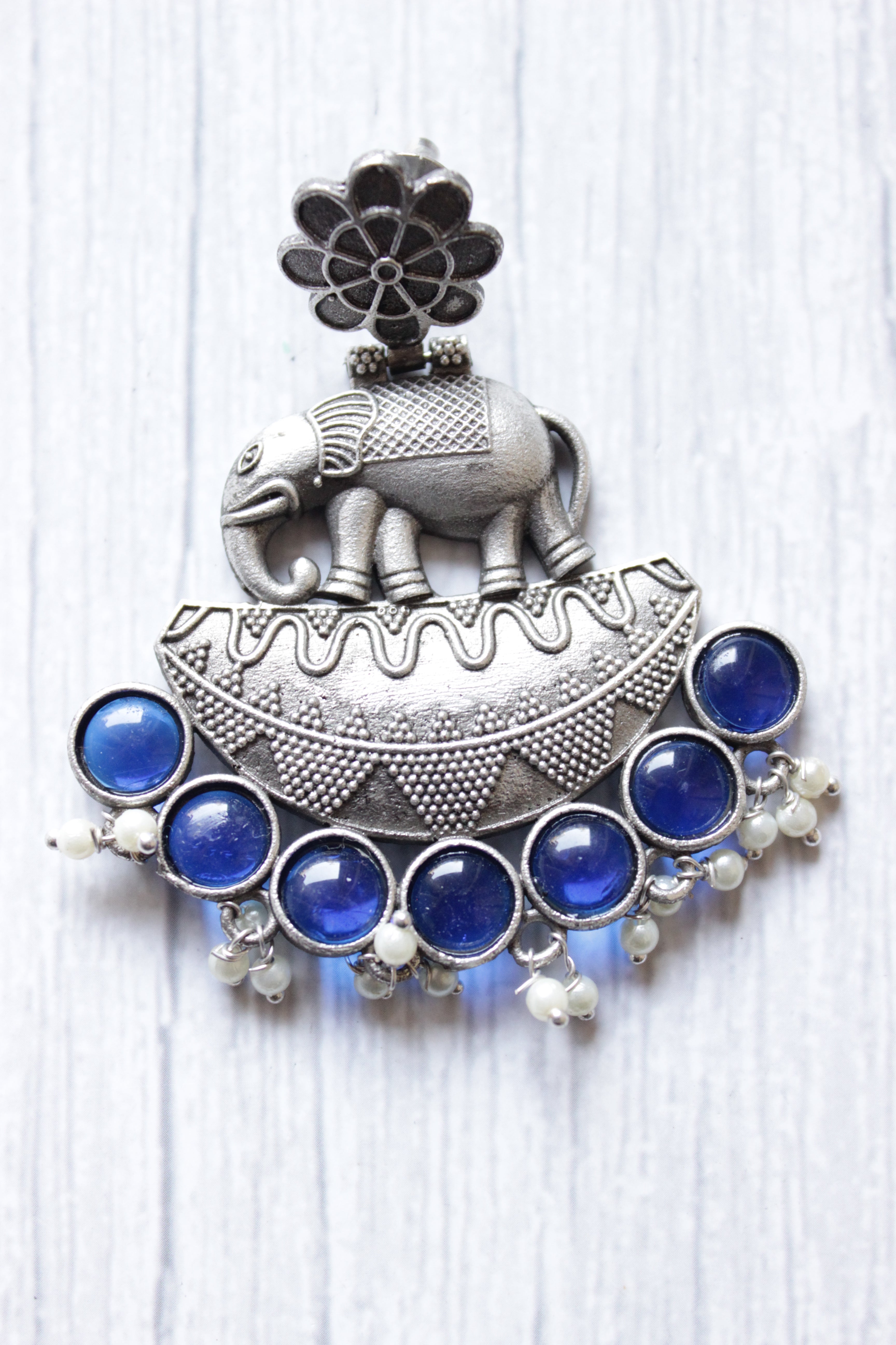Blue Glass Stones Embedded Premium Oxidised Finish Elephant Motif Dangler Earrings