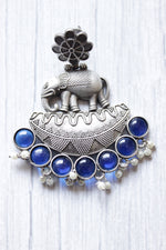 Load image into Gallery viewer, Blue Glass Stones Embedded Premium Oxidised Finish Elephant Motif Dangler Earrings
