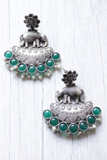 Load image into Gallery viewer, Green Glass Stones Embedded Premium Oxidised Finish Elephant Motif Dangler Earrings
