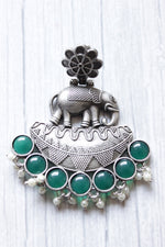 Load image into Gallery viewer, Green Glass Stones Embedded Premium Oxidised Finish Elephant Motif Dangler Earrings
