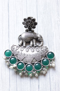 Green Glass Stones Embedded Premium Oxidised Finish Elephant Motif Dangler Earrings