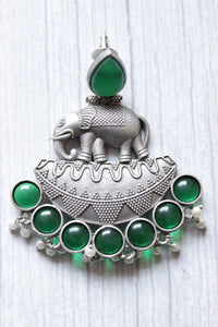 Bottle Green Glass Stones Embedded Premium Oxidised Finish Elephant Motif Dangler Earrings
