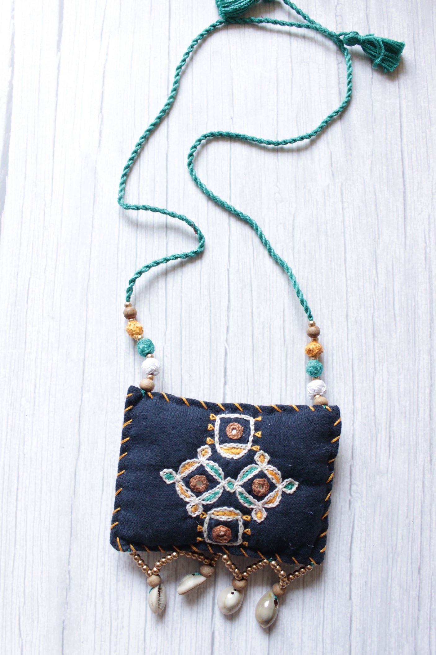 Black Cross-Stitch Handcrafted Rope Closure Handcrafted Fabric Necklace