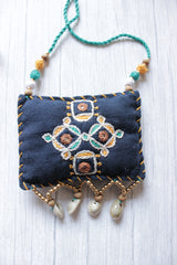 Black Cross-Stitch Handcrafted Rope Closure Handcrafted Fabric Necklace