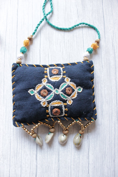 Black Cross-Stitch Handcrafted Rope Closure Handcrafted Fabric Necklace