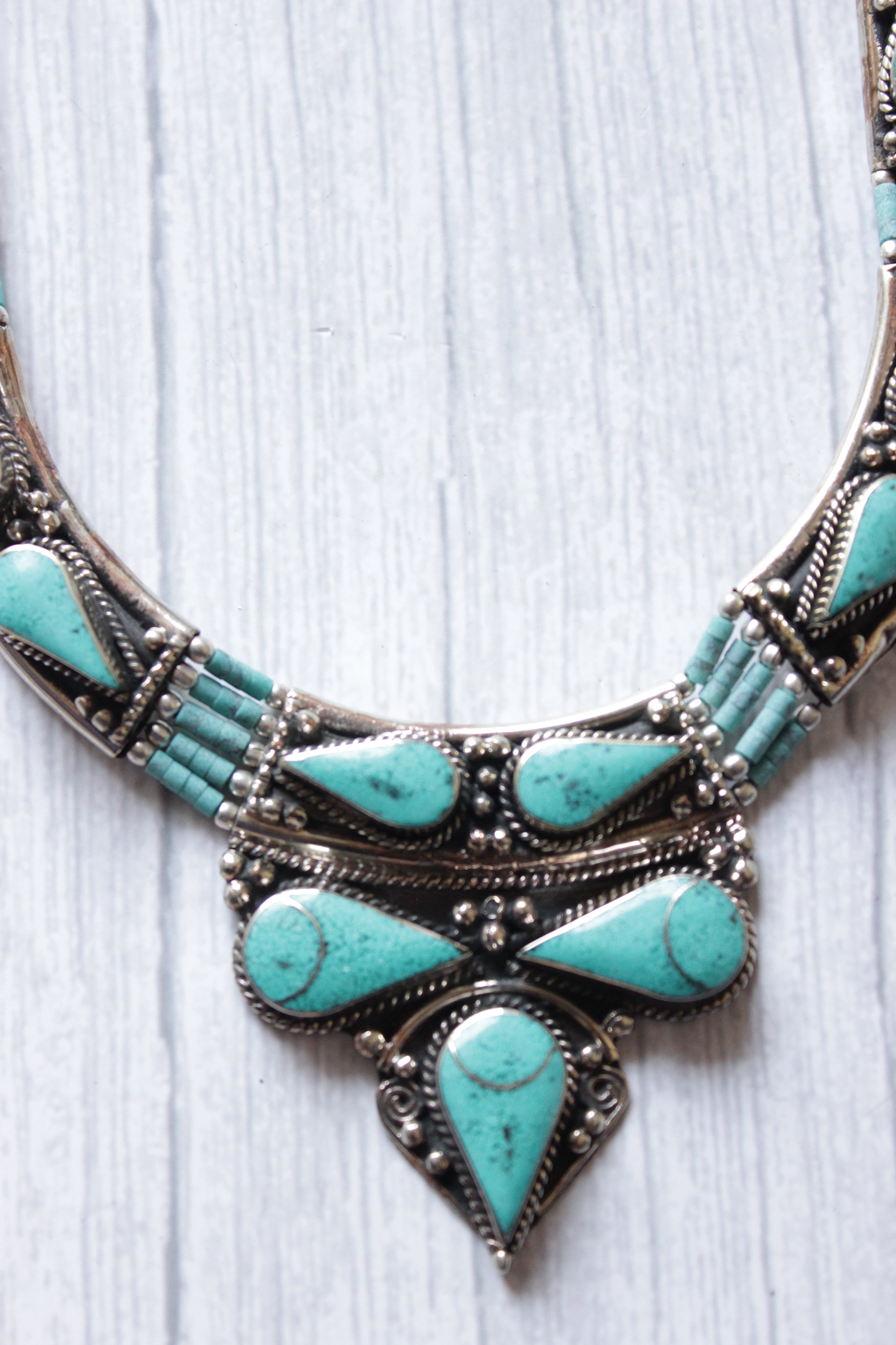 Vintage Turquoise Gemstone Silver Finish Tibetan Necklace