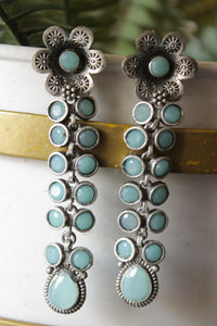 Turquoise Glass Stones Embedded Silver Finish Brass Drop Dangler Earrings