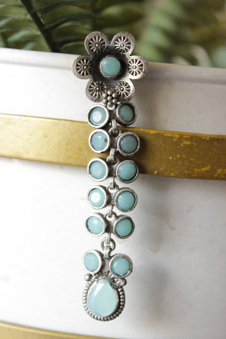 Turquoise Glass Stones Embedded Silver Finish Brass Drop Dangler Earrings