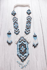 Load image into Gallery viewer, Shades of Blue &amp; Monochrome Handcrafted Beaded Necklace Set with Dangler Earrings
