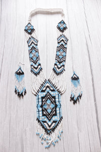 Shades of Blue & Monochrome Handcrafted Beaded Necklace Set with Dangler Earrings