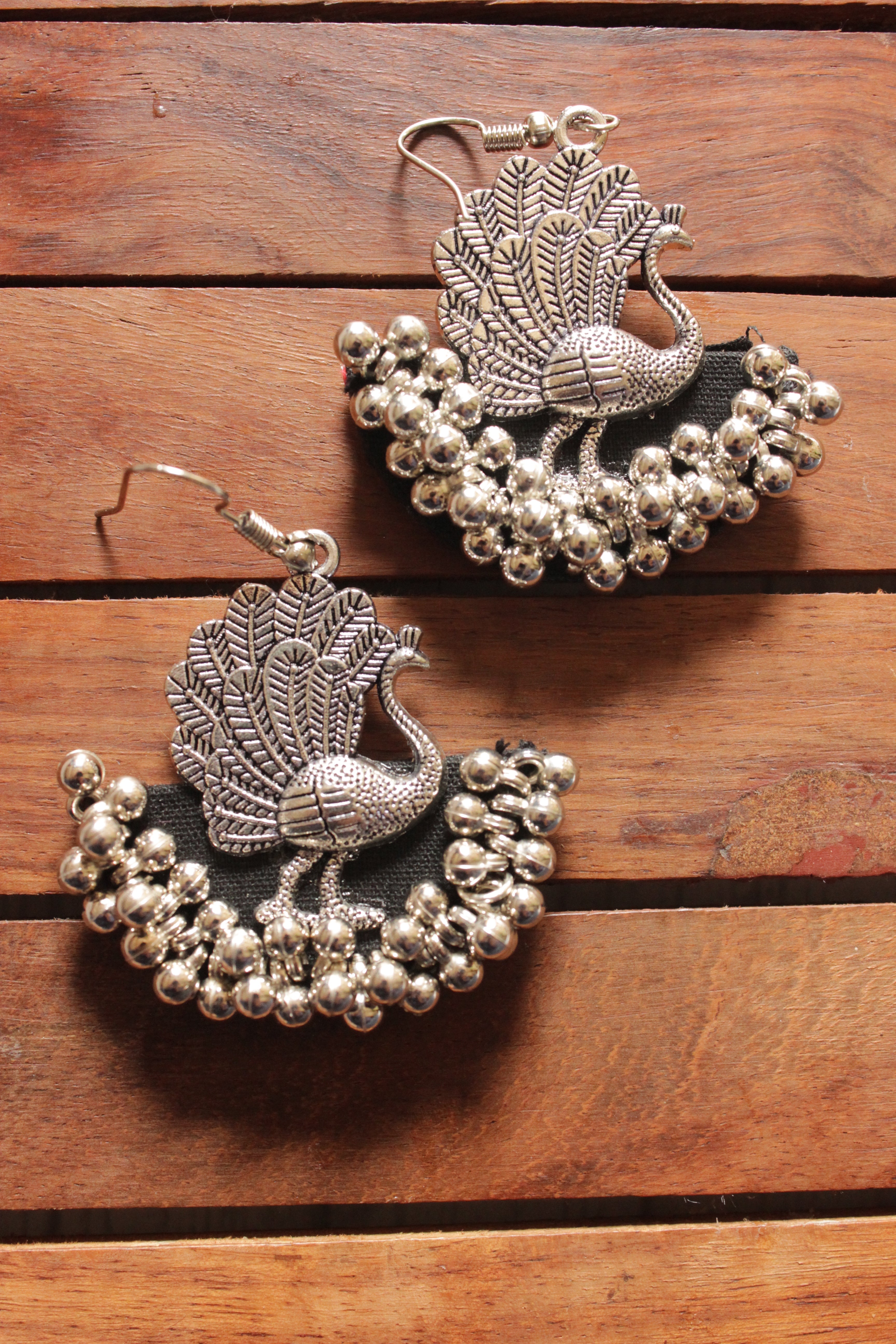 Peacock Motif Ghungroo Beads Embellished Fabric Earrings