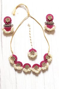 Vibrant Fabric Set of 3 Accentuated with Kundan and White Beads - Set of Necklace, Earrings and Mangtika