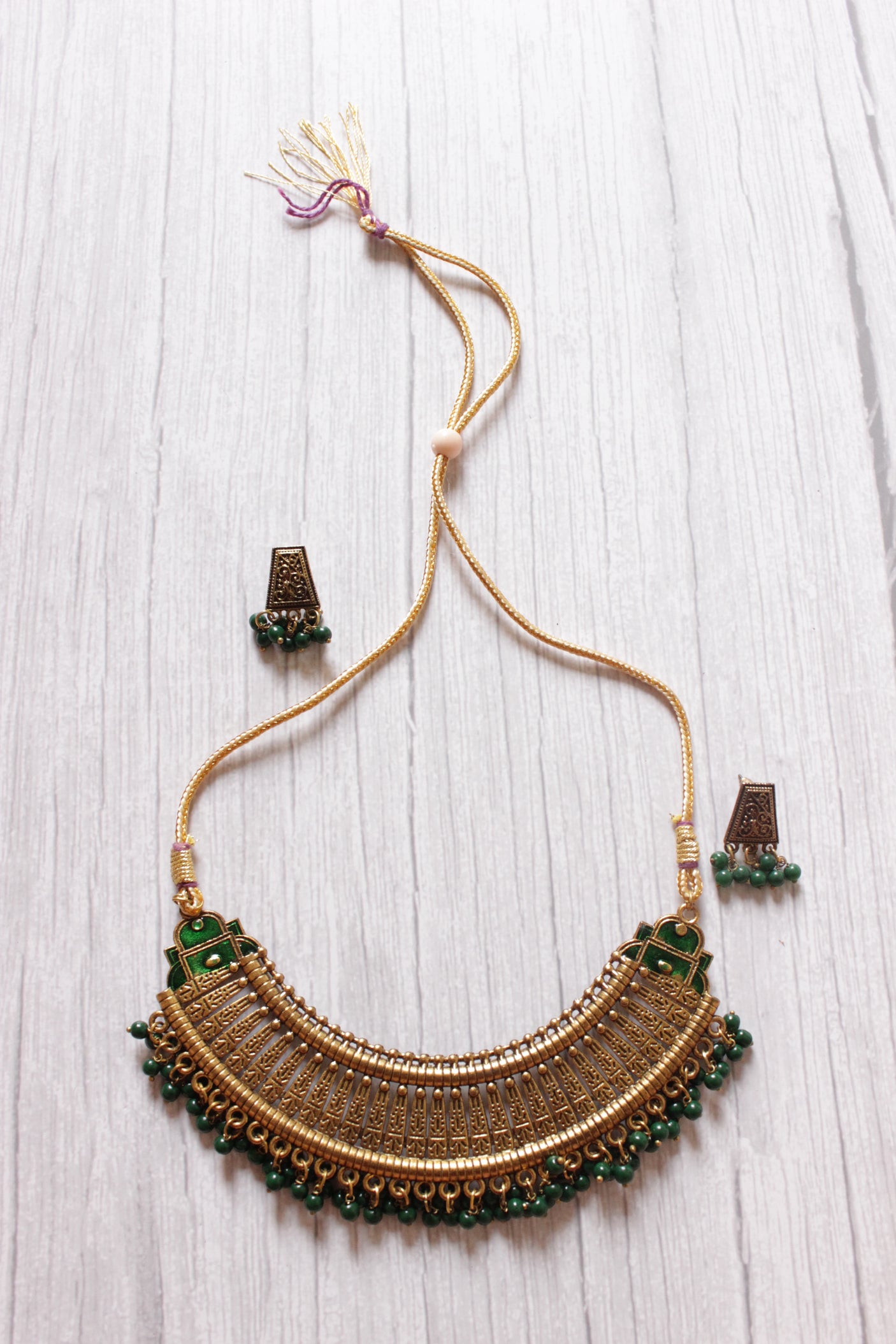 Green Stones Detailing Gold Finish Choker Necklace Set