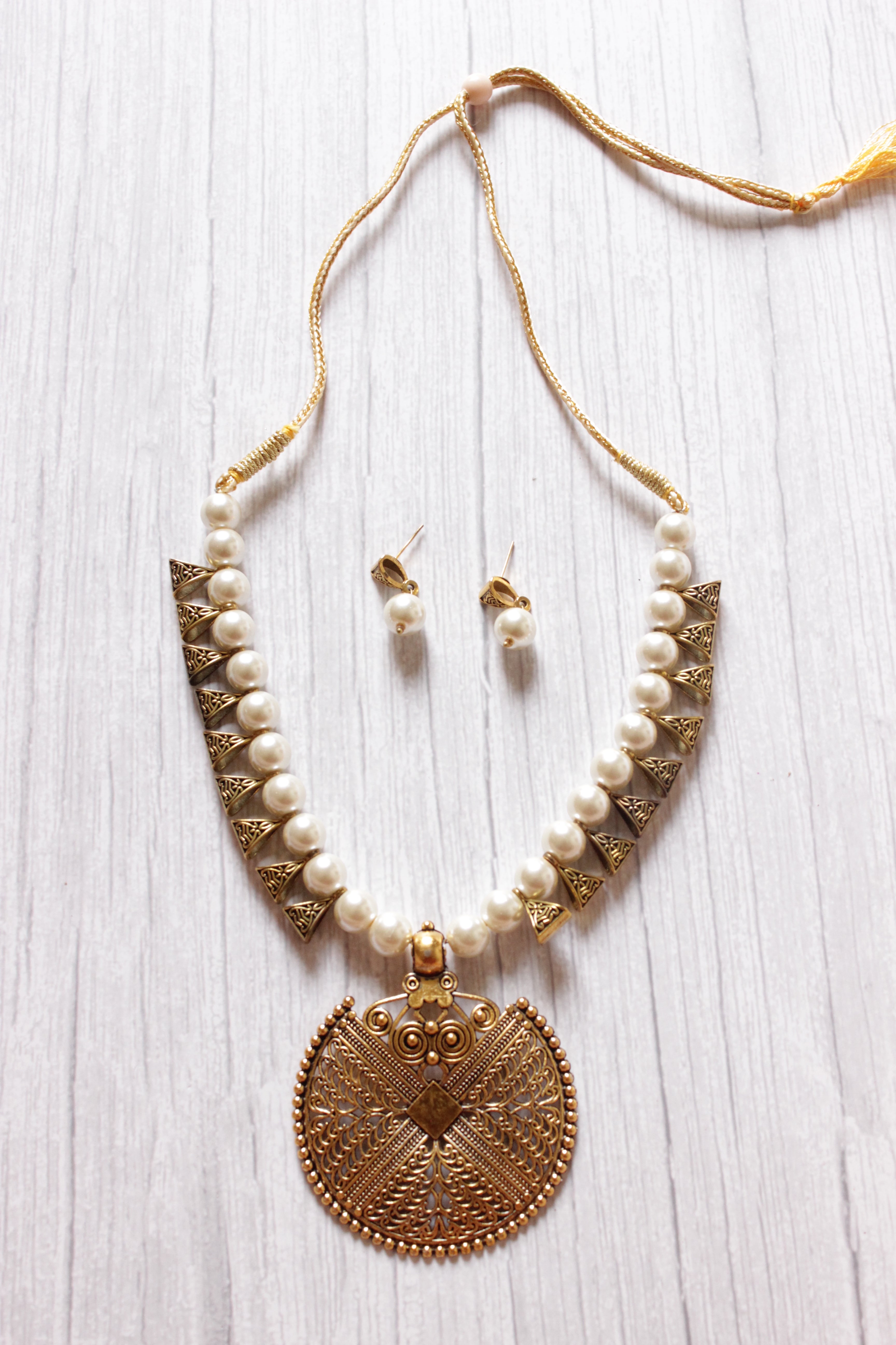 Gold-Toned White Pearl Necklace Set with Statement Pendant