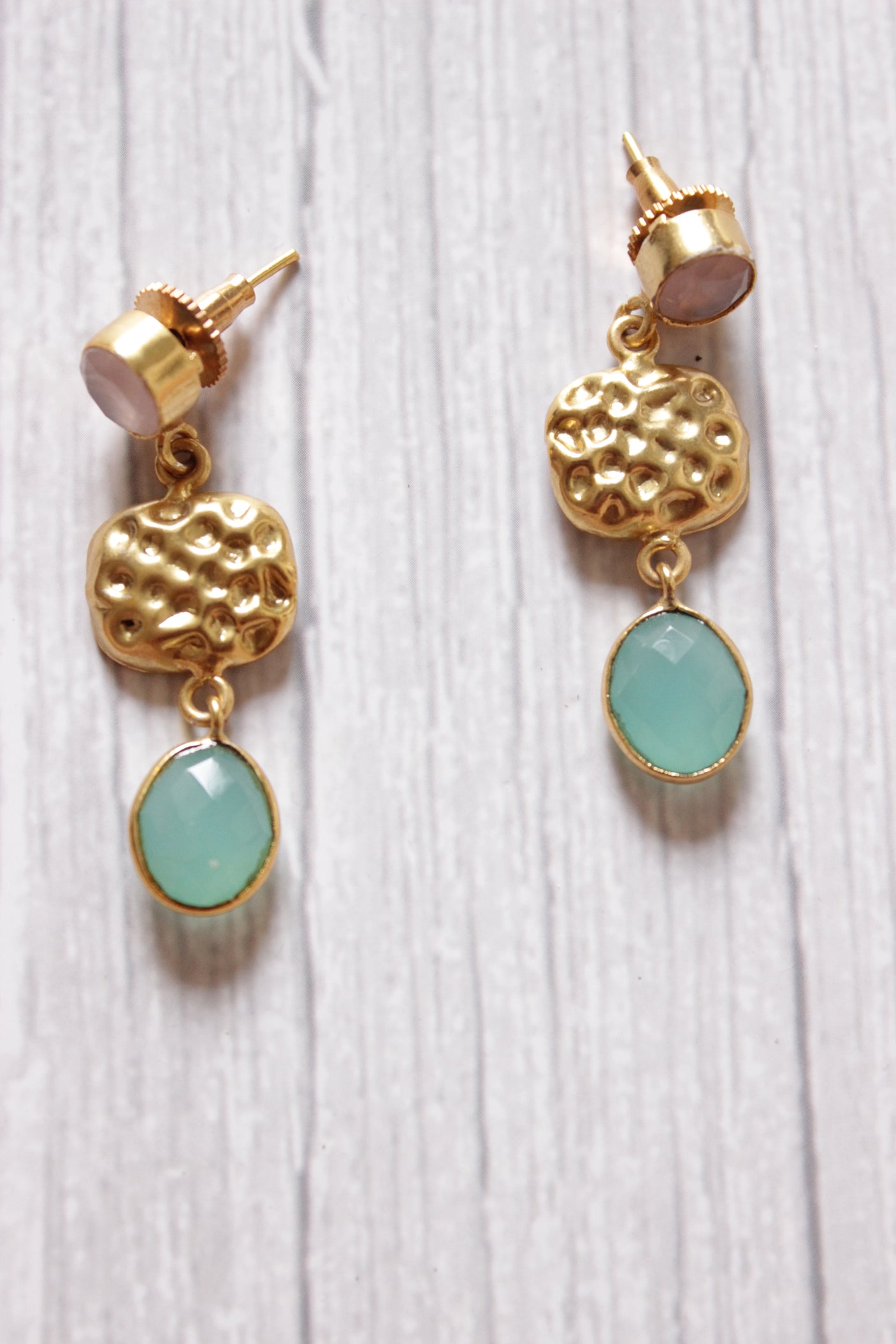 Peach and Turquoise Stone Embedded Brass Dangler Earrings