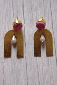 Pink Natural Stone Embedded Horse Shoe Brass Dangler Earrings