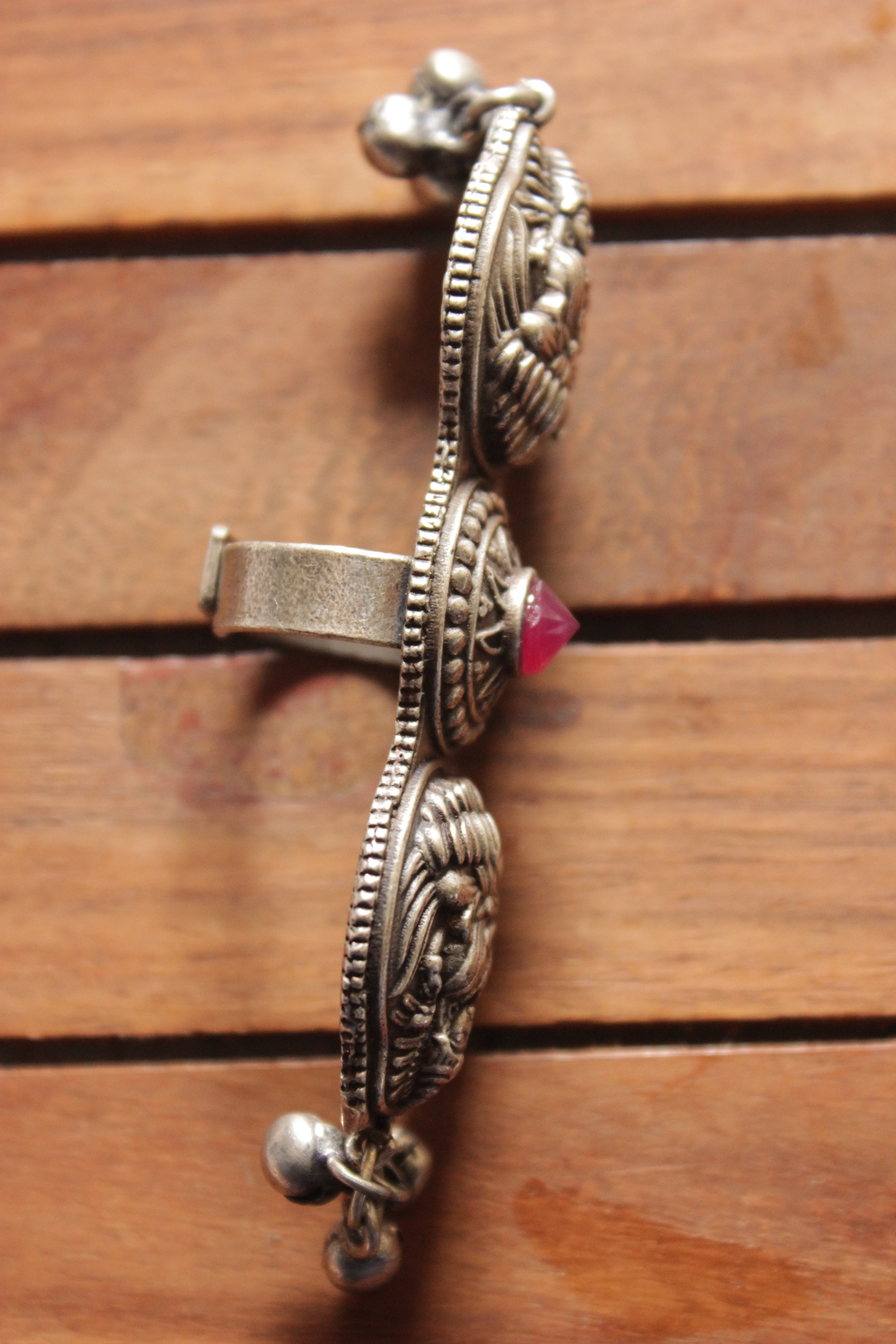 Goddess Lakshmi Motif Pink Center Stone 3 Finger Oxidised Finish Ring