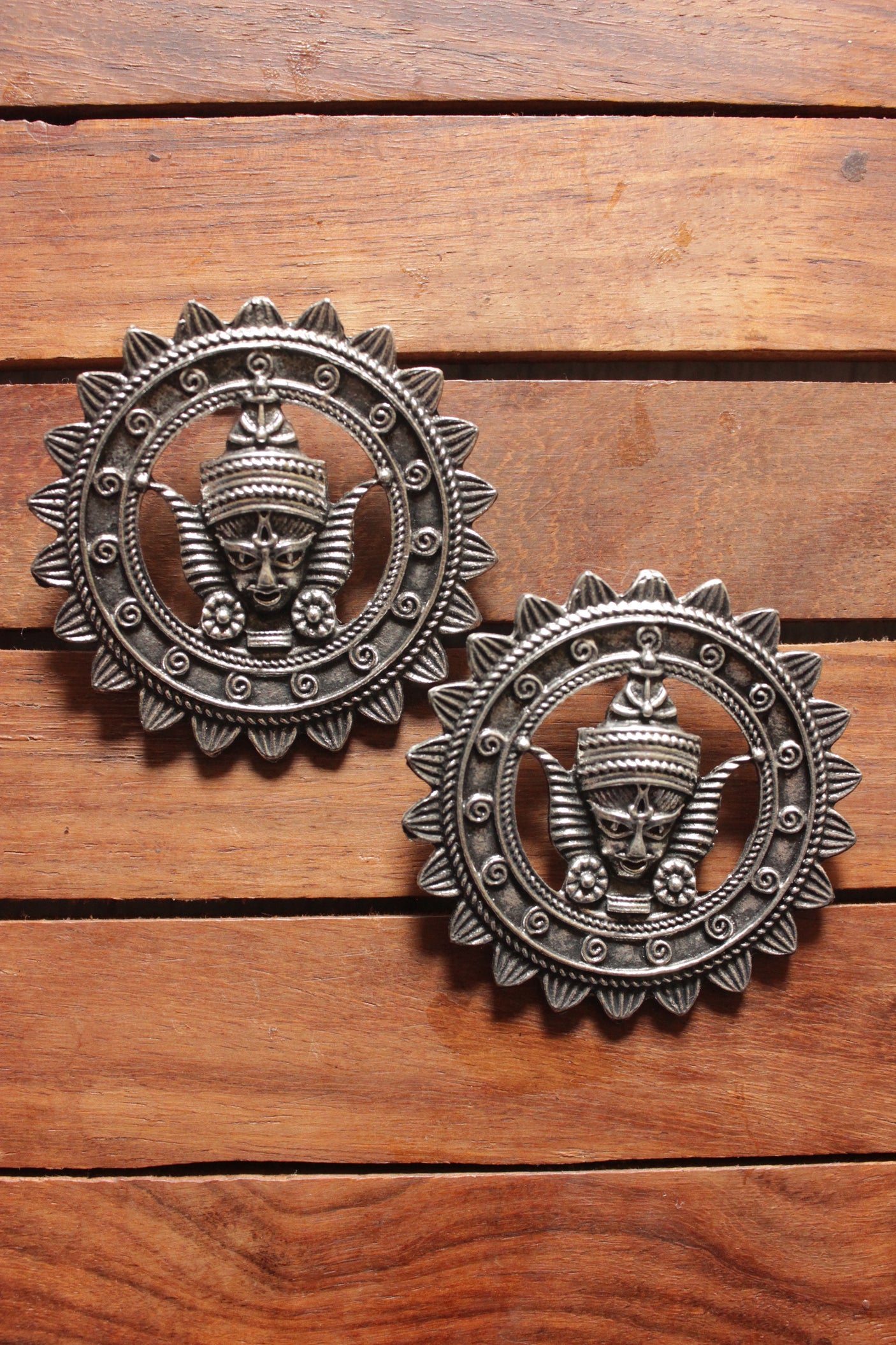 Religious Motif Statement Circular Oxidised Finish Stud Earrings