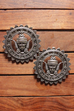 Load image into Gallery viewer, Religious Motif Statement Circular Oxidised Finish Stud Earrings
