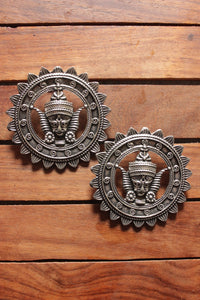 Religious Motif Statement Circular Oxidised Finish Stud Earrings