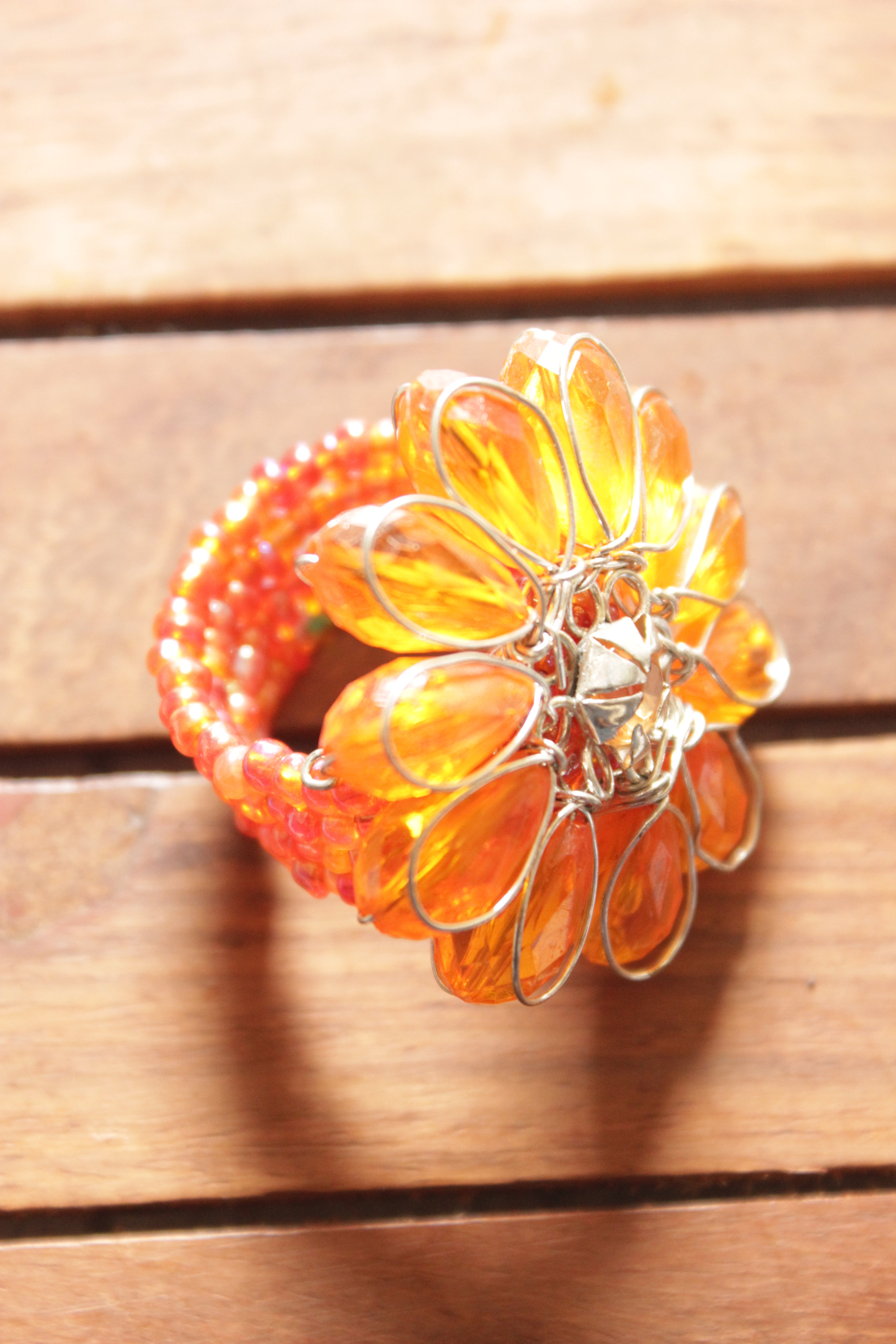Sun Yellow Glass Stones Flower Shaped Silver Finish Metal Ring