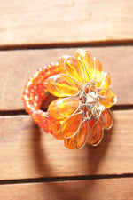 Load image into Gallery viewer, Sun Yellow Glass Stones Flower Shaped Silver Finish Metal Ring
