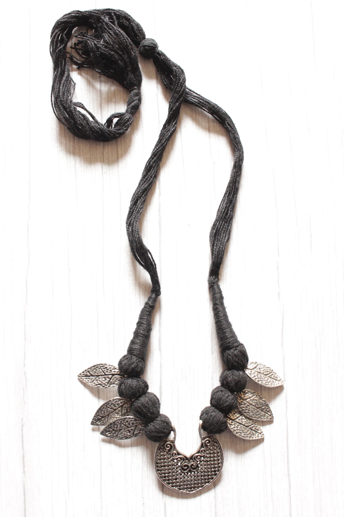 Leaf Motif Adjustable Thread Closure Premium Oxidised Finish Brass Necklace
