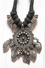 Leaf and Concentric Circles Elaborately Detailed Adjustable Thread Closure Premium Oxidised Finish Brass Necklace