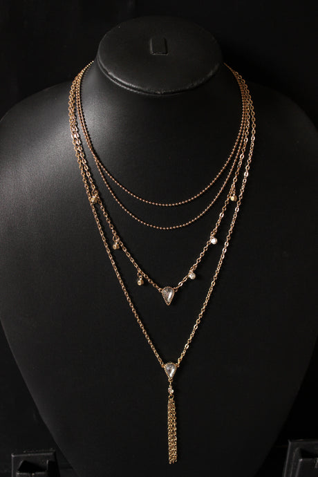 Crystal Gold Plated Multi Layers Long Chain Necklace