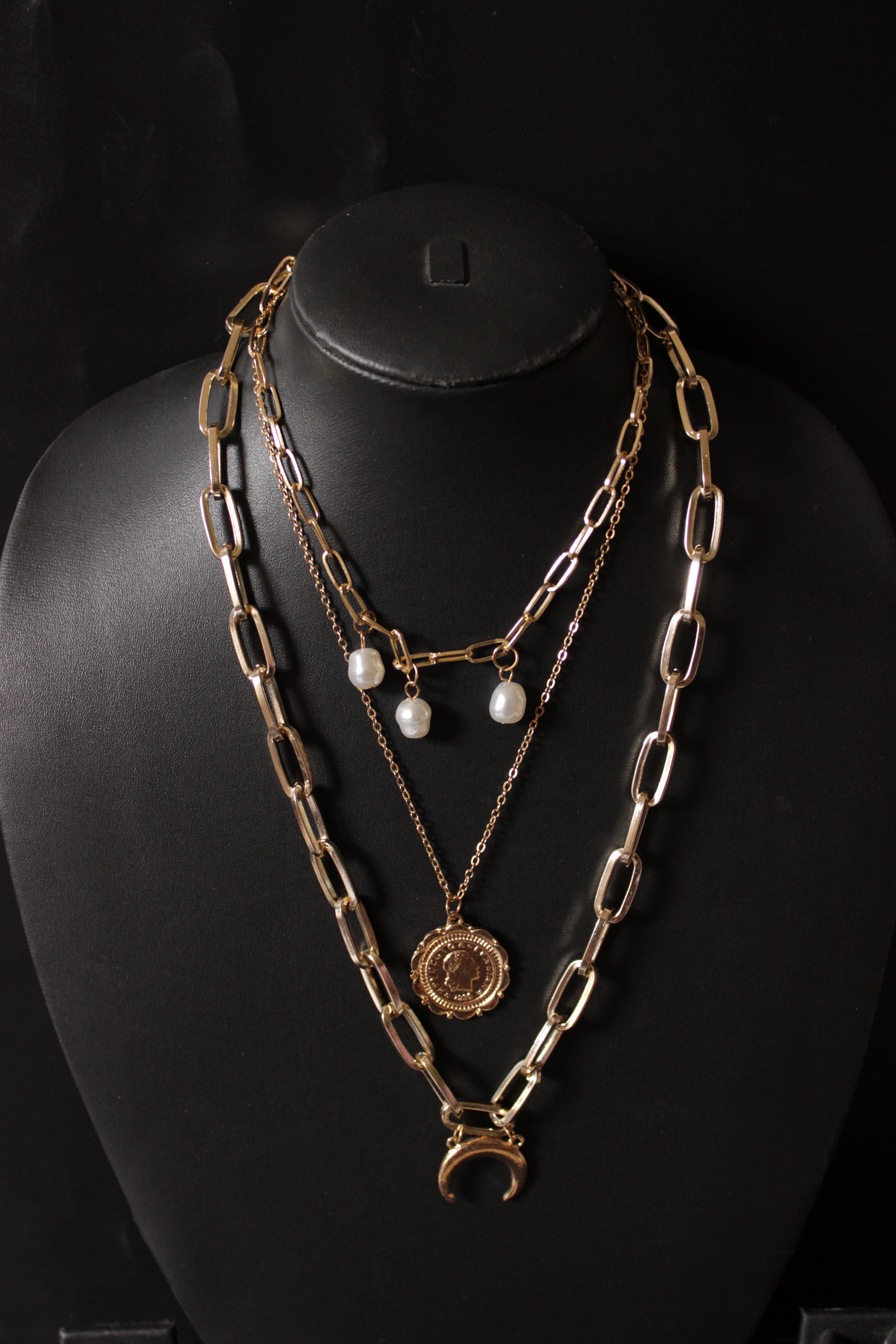 Half Moon Triple Layered Gold Plated Necklace