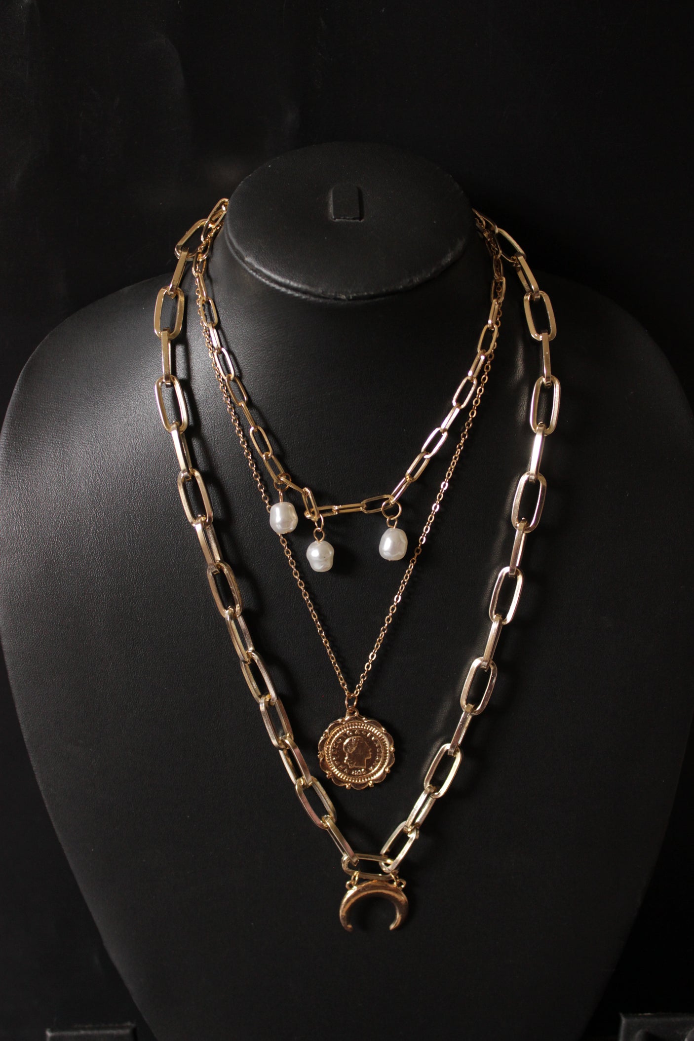 Half Moon Triple Layered Gold Plated Necklace