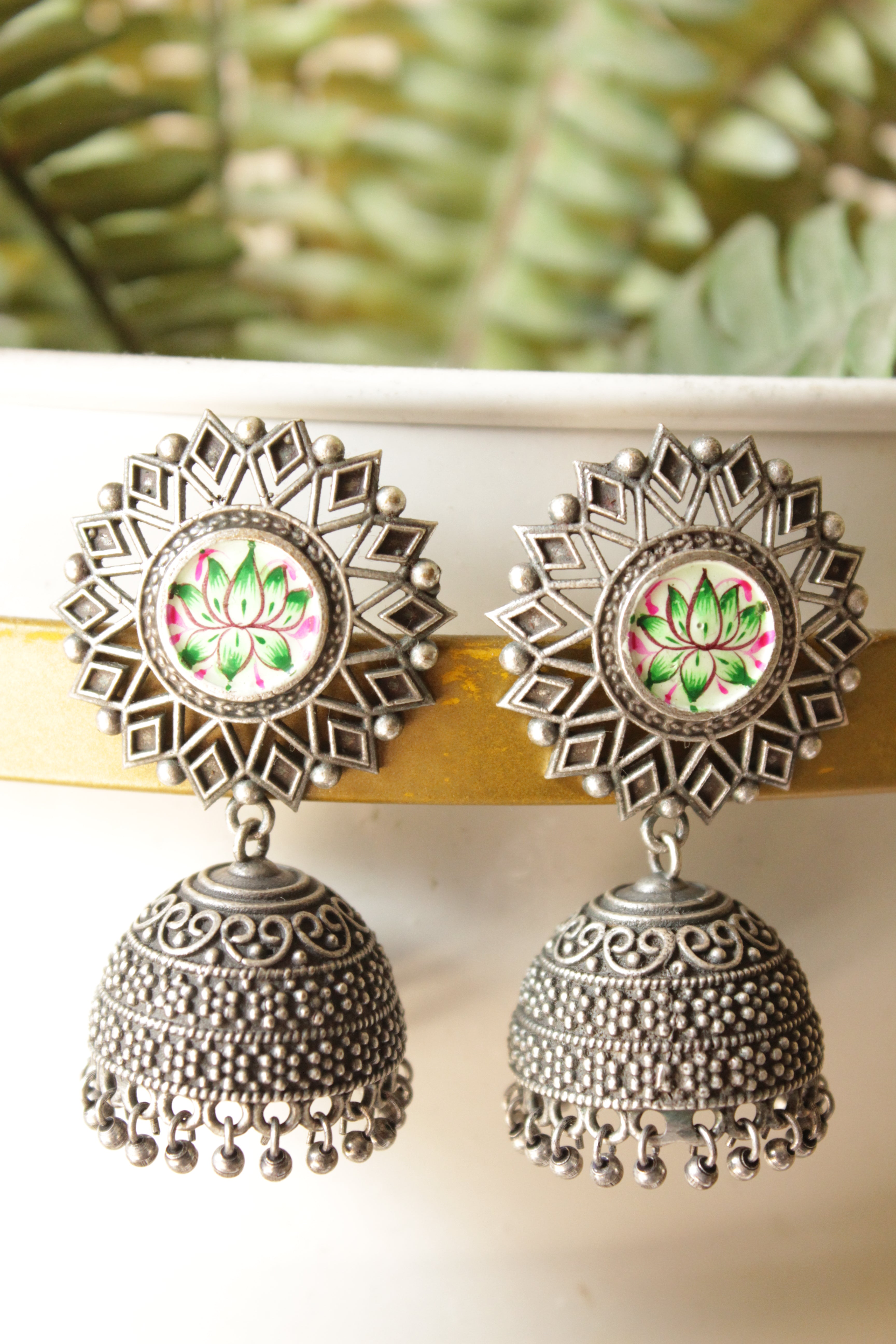Hand Painted Lotus Flower Premium Oxidised Finish Brass Jhumka Earrings