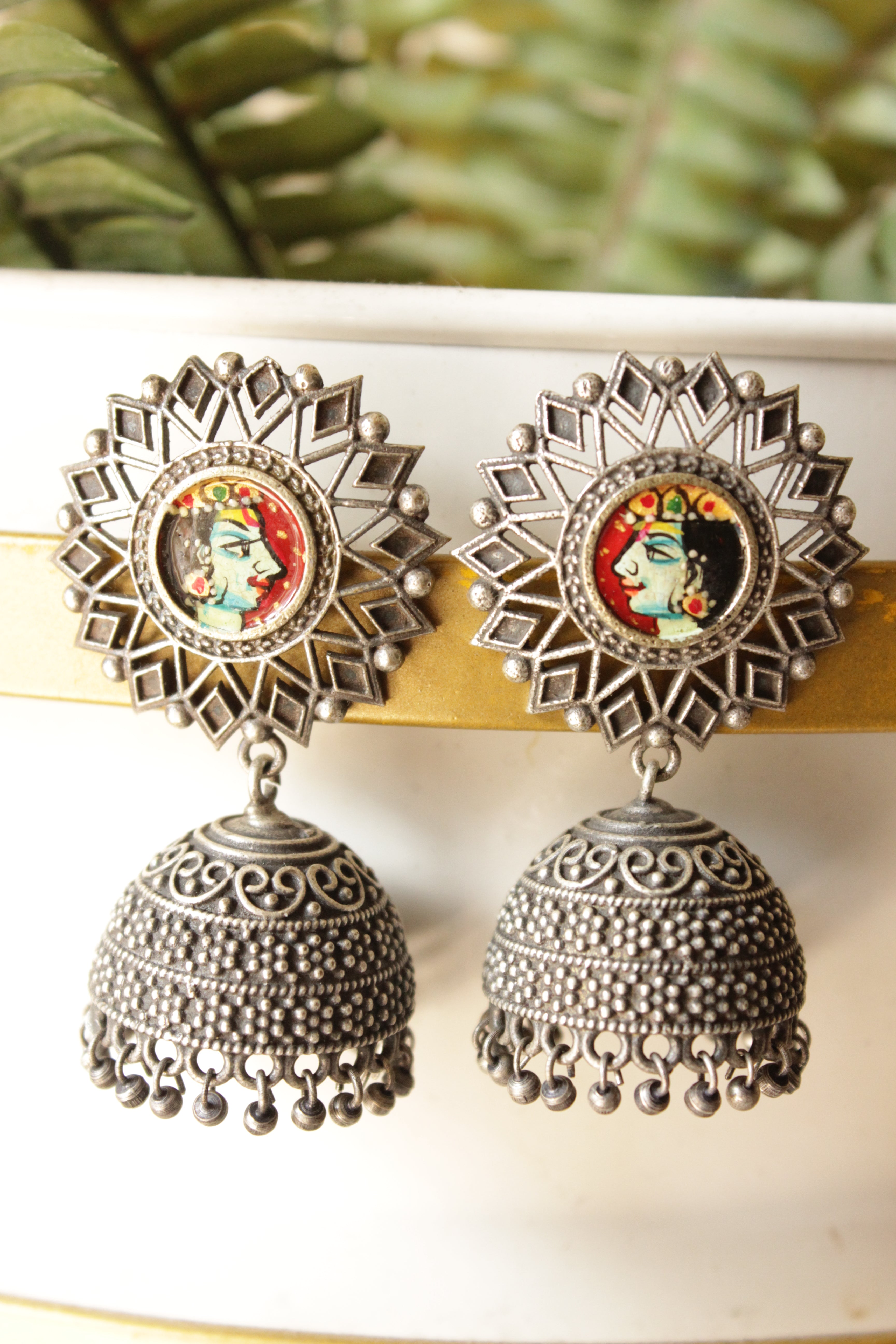 Hand Painted Krishna Face Premium Oxidised Finish Brass Jhumka Earrings