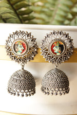Load image into Gallery viewer, Hand Painted Krishna Face Premium Oxidised Finish Brass Jhumka Earrings

