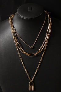Gold Plated Lock and Chain Layered Necklace