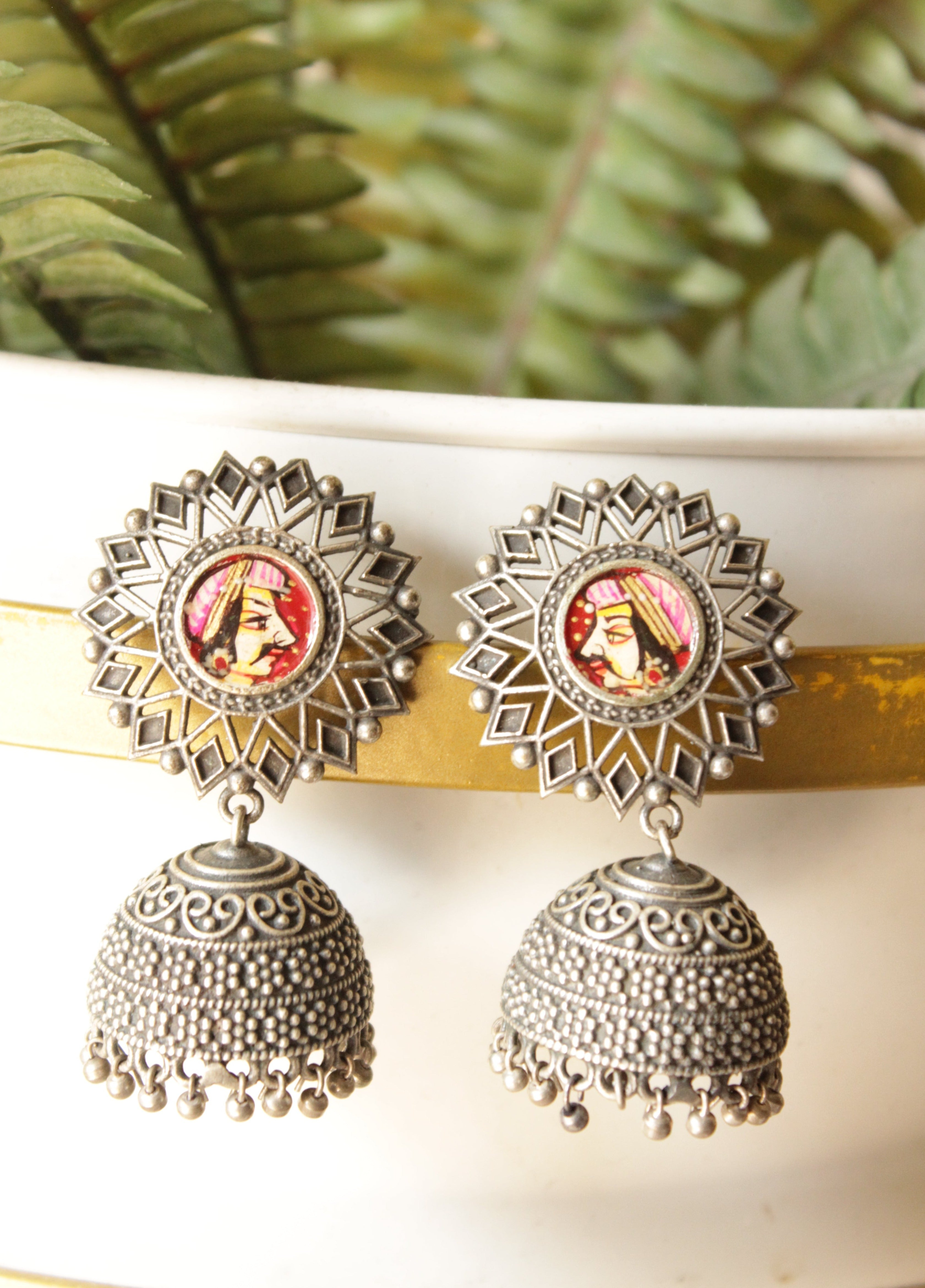 Hand Painted Face Premium Oxidised Finish Brass Jhumka Earrings