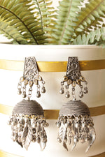 Load image into Gallery viewer, Intricately Detailed Premium Oxidised Finish Brass Jhumka Earrings Embellished with Ghungroo Beads
