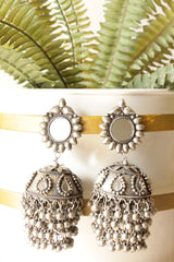 Mirror and Glass Stones Embedded Premium Oxidised Finish Brass Jhumka Earrings