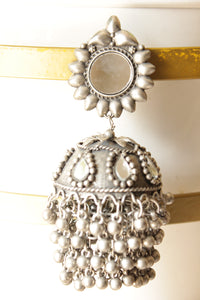 Mirror and Glass Stones Embedded Premium Oxidised Finish Brass Jhumka Earrings