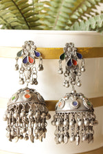 Load image into Gallery viewer, Multi-Color Acrylic Painted Oxidised Finish Tribal Afghani Long Jhumka Earrings
