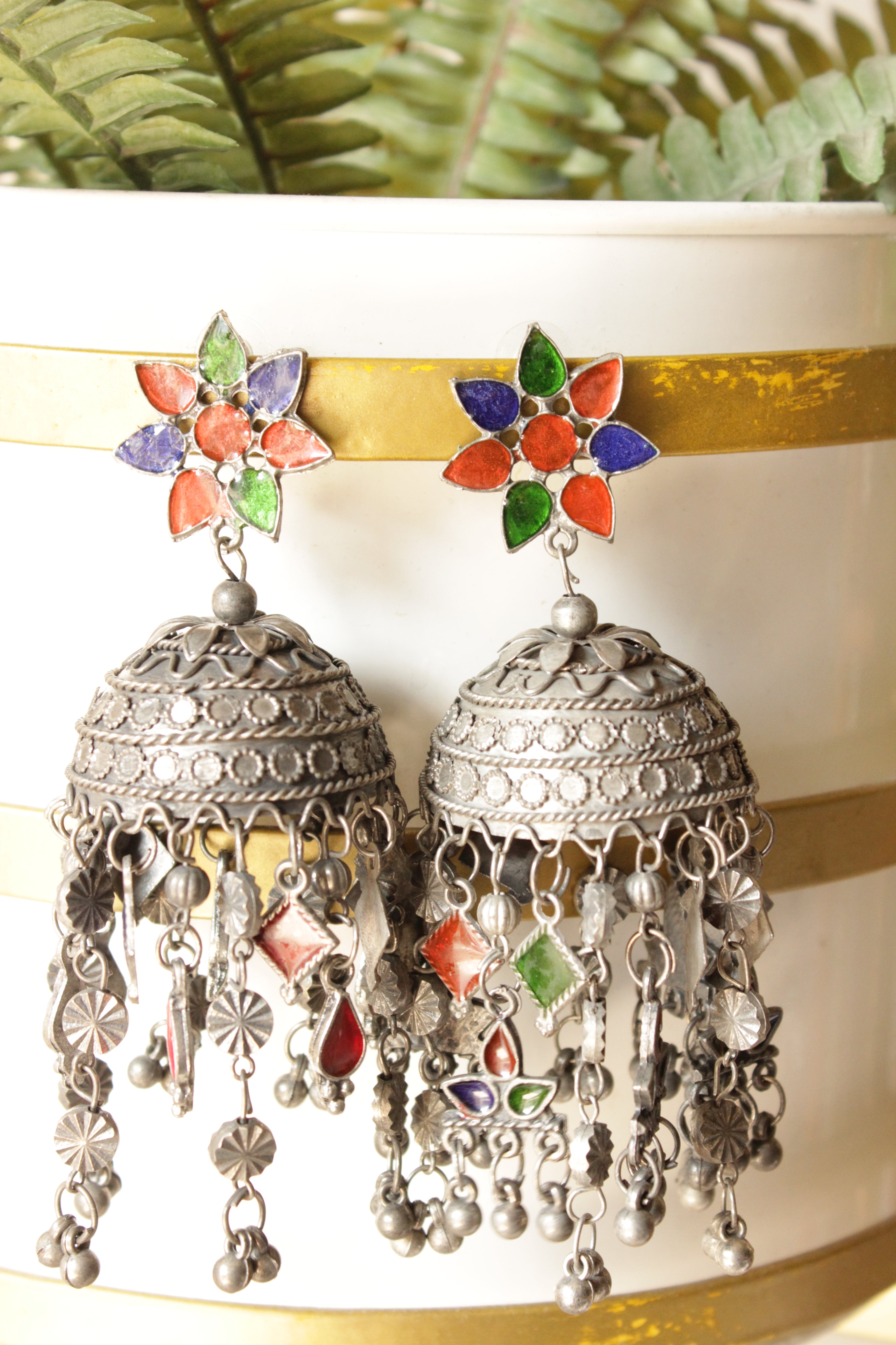 Multi-Color Acrylic Painted Oxidised Finish Afghani Jhumka Earrings with Multiple Charm Strings