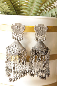 Multiple Chain Strings Oxidised Finish Long Dangler Earrings Accentuated with Ghungroo Beads