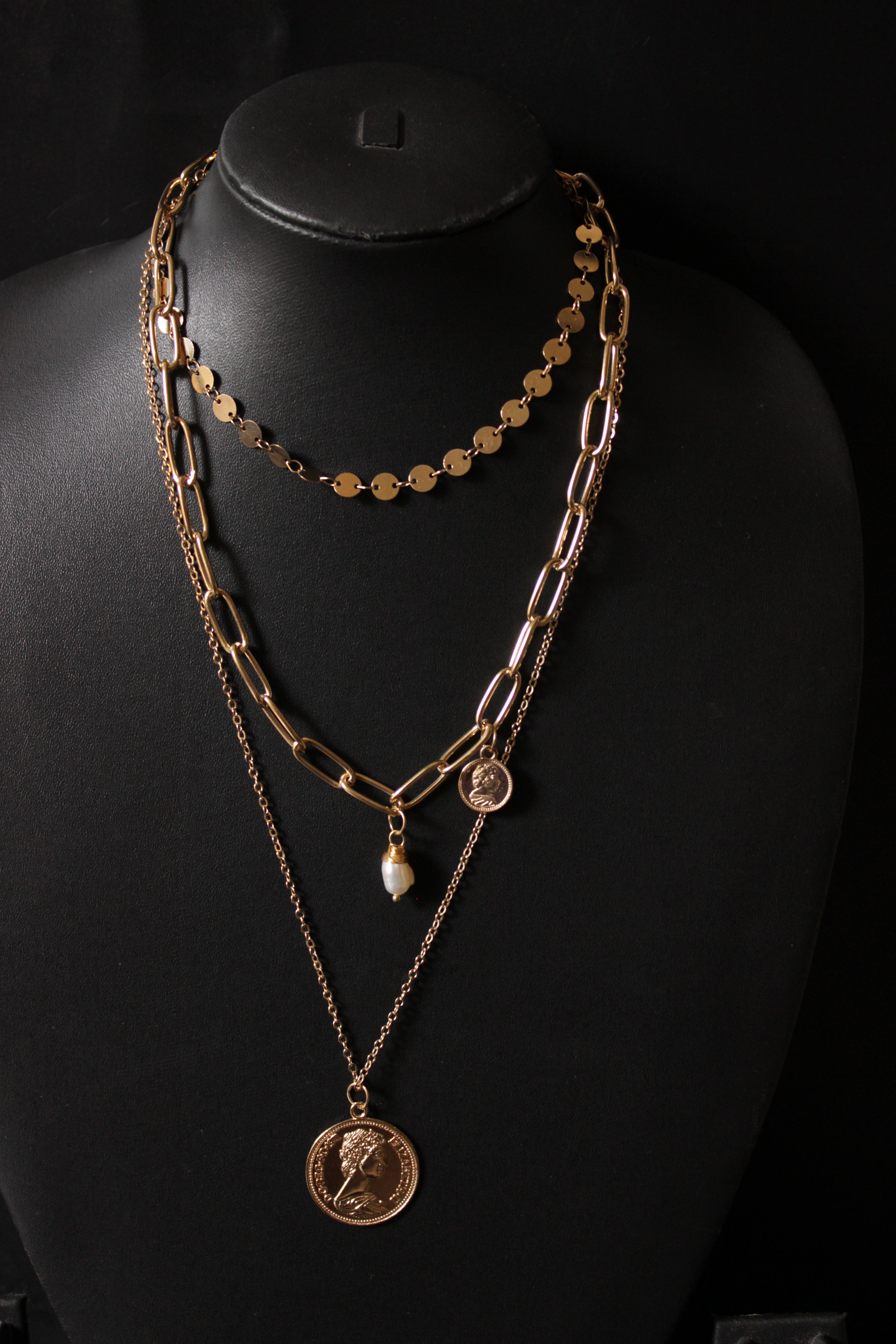 3 Layered Coin Inspired Gold Plated Chain Necklace