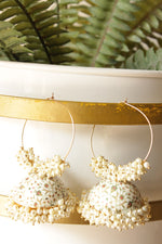 Load image into Gallery viewer, Acrylic Hand Painted Flowers Hoop Jhumka Earrings Embellished with White &amp; Golden Beads
