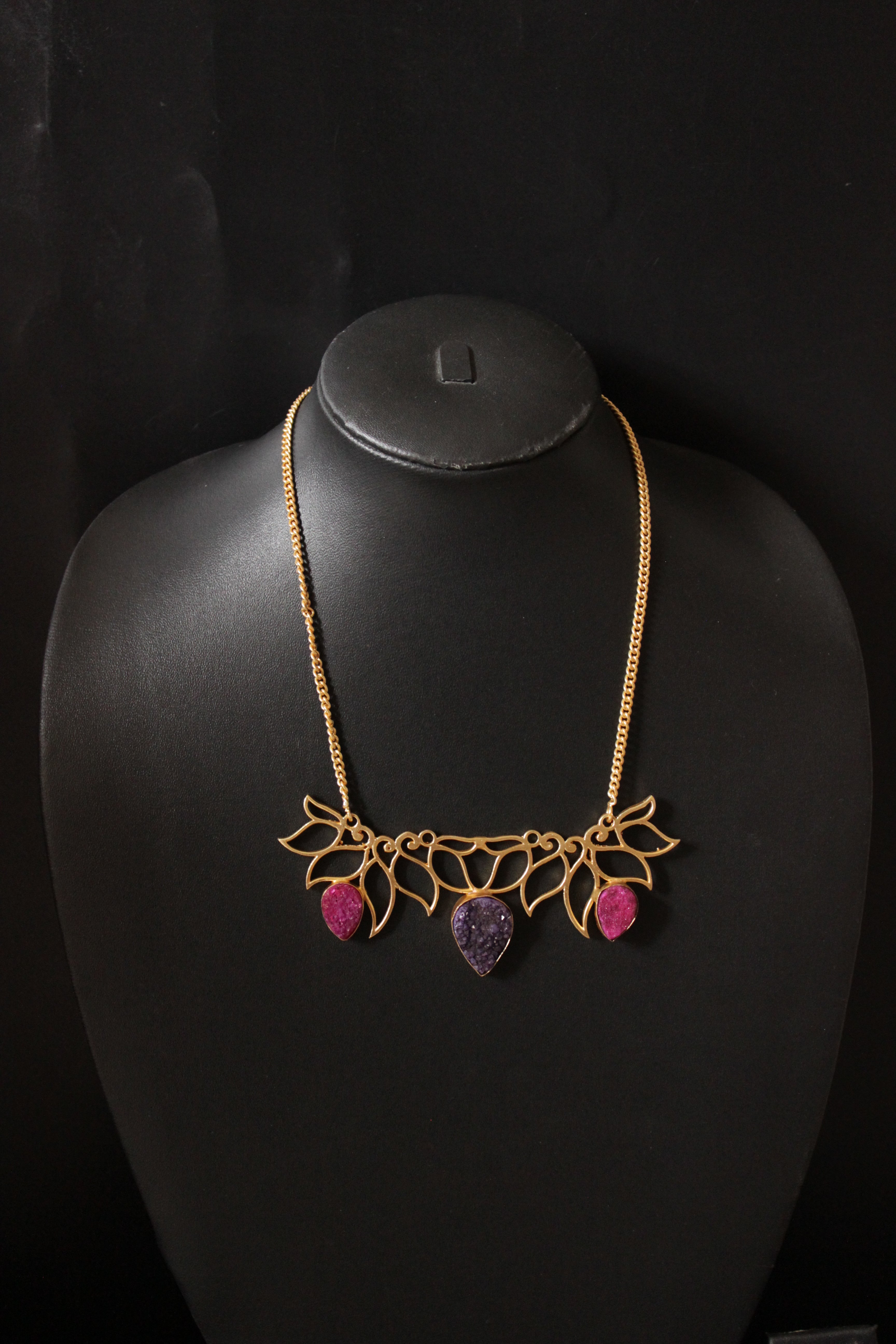 Purple Pink Sugar Druzy Natural Gemstone Gold Plated Necklace