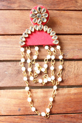 Kundan Stones Embellished Pink Fabric Earrings with Pearl Strings