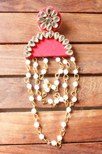 Load image into Gallery viewer, Kundan Stones Embellished Pink Fabric Earrings with Pearl Strings
