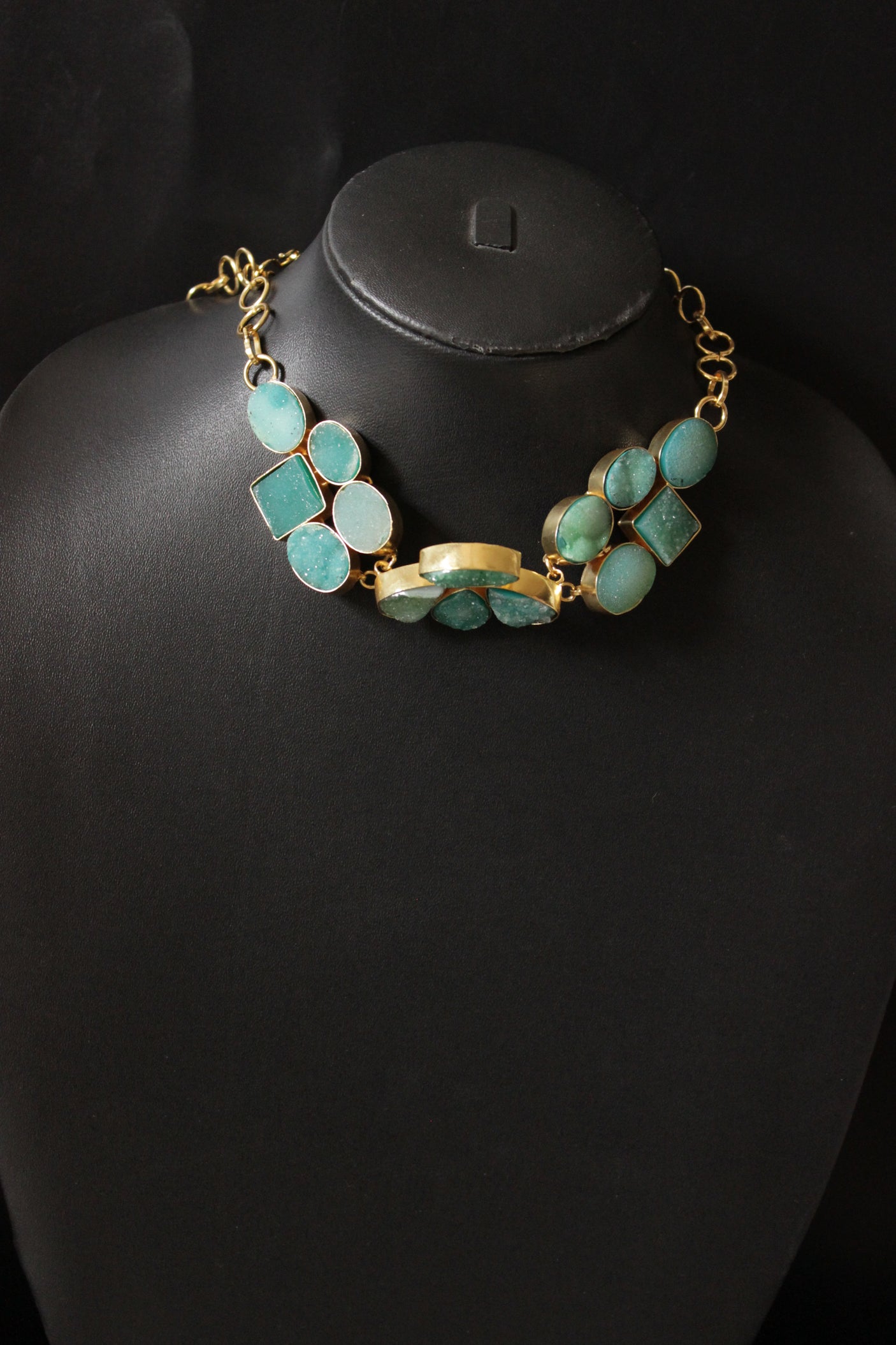 Sky Blue Sugar Druzy Gemstone Embedded Gold Plated Choker Necklace