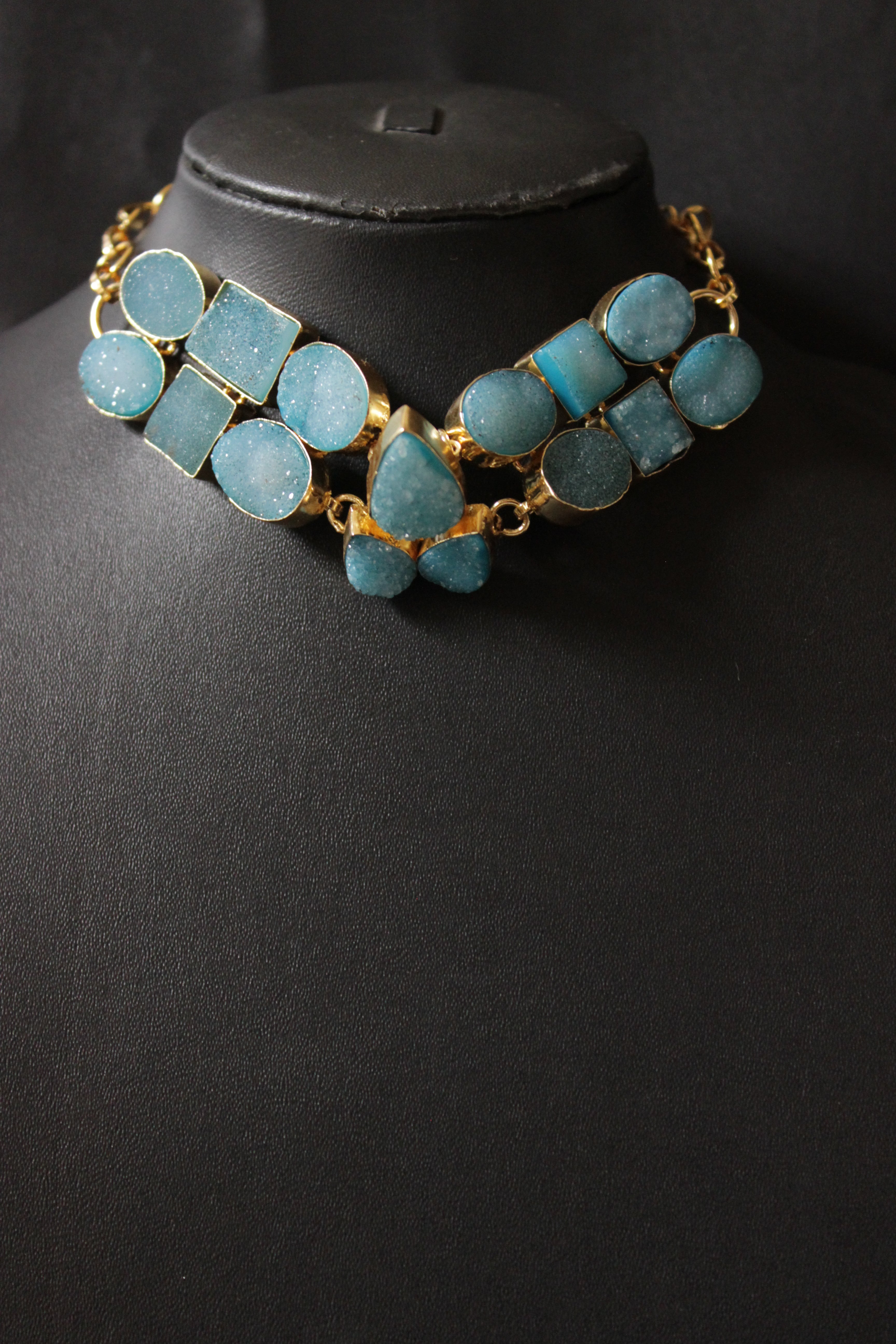 Turquoise Sugar Druzy Gemstone Embedded Gold Plated Choker Necklace